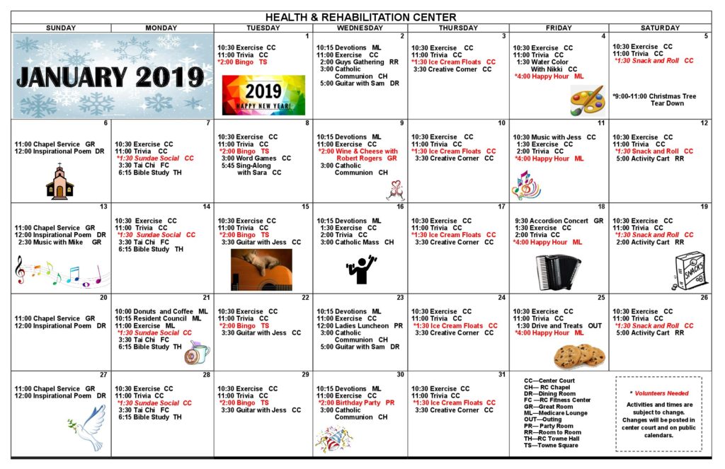 Jan 2019 Calendar The Towne House Retirement Community